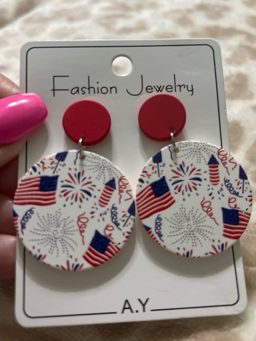 Fashion Jewelry Red and White Patriotic Flag Drop Earrings